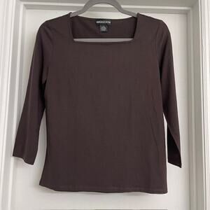 Magaschoni Square Neck Silk 3/4 Sleeve Blouse Brown Casual Minimalist Basic Sz S
